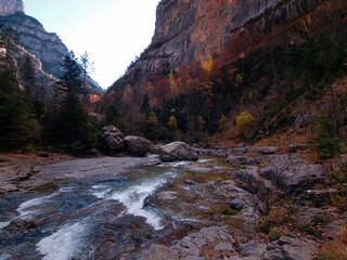 Autumn view in the Añisclo canyon in the Natural Park of Ordesa y Monte Perdido, with the Rio Bellos in the province of Huesca, Aragon. Spain.
