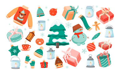 A set of Merry Christmas objects isolated on a white background. Vector cartoon. Winter symbols for banner, greeting card, flyer