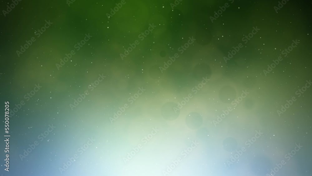Poster green blurred nature bokeh with looped flickering particles copy space animation background.