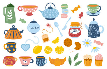 Tea time or coffee set with cute cartoon cups, mugs, teapots, spoons, tea bag, infuser, sweets, sugar, macarons, candy, cupcake, croissant, cookie, jam, lemon, camomile. Vector kitchen elements theme