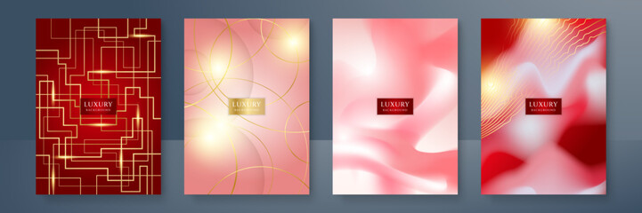 Fototapeta premium Modern elegant cover design set. Luxury fashionable background with red gold line pattern. Flower premium vector template for wedding invite, makeup catalog, brochure template, flyer, presentation