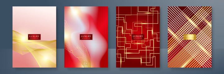 Naklejka premium Modern elegant cover design set. Luxury fashionable background with red gold line pattern. Flower premium vector template for wedding invite, makeup catalog, brochure template, flyer, presentation