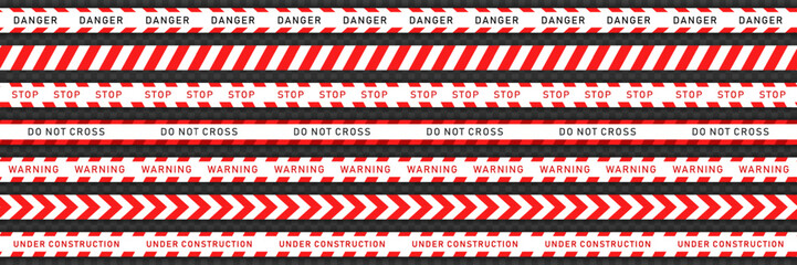 Big collection of 7 red tapes with white stripes for construction works or crime scene. Seamless warning, caution ribbons on transparent background. Template of endless 