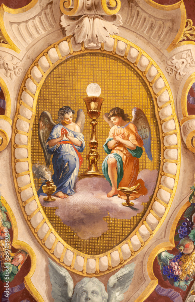 Wall mural rome, italy - august 28, 2021: the symbolic neo-baroque fresco of angels with the eucharist in the c