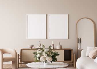 Fototapeta na wymiar Frame mockup in bright modern living room, beige sofa with marble coffee table and flower vase on white background, 3d render 