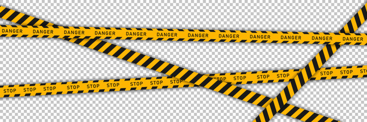 Yellow barricade tape with black diagonal stripes and text DANGER and STOP isolated on transparent background. Vector template of seamless caution ribbon for construction works or crime scene