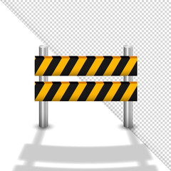 3d vector roadblock with orange and black stripes. Three dimensional road barrier, construction fence or police barricade isolated on white and transparent background. 