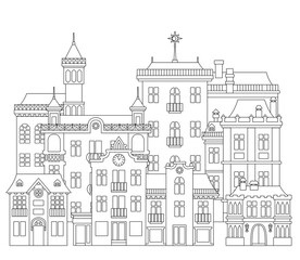Vector line art illustration. Cityscape with various old style houses with towers and balconies. Coloring book page.