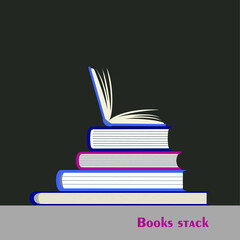 Stack of books in hardback with colorful covers and open book in top. Vector reading, education, teaching, learning design element isolated on white.