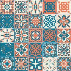 Ceramic tile design orange blue contrast color, square ceramic tiles in Spanish Azulejo