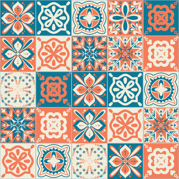 Ceramic tile design orange blue contrast color, square ceramic tiles in Spanish talavera style