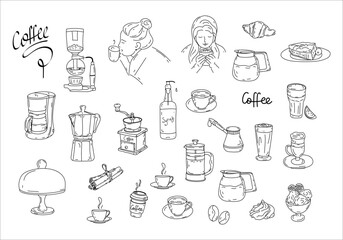 Hand-drawn coffee set. Editable outline