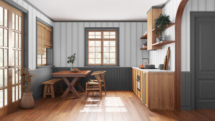 Farmhouse wooden kitchen with dining room in white and gray tones. Cabinets and table with chair. Wallpaper and parquet floor. Japandi interior design