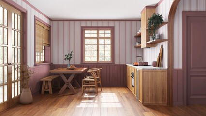 Farmhouse wooden kitchen with dining room in white and red tones. Cabinets and table with chair. Wallpaper and parquet floor. Japandi interior design