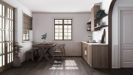 Farmhouse wooden kitchen with dining room in white and dark tones. Cabinets and table with chair. Parquet floor. Japandi interior design