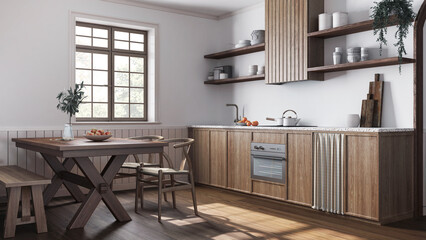 Farmhouse wooden kitchen and dining room in white and dark tones. Cabinets and table with chair. Parquet floor. Wabi sabi interior design
