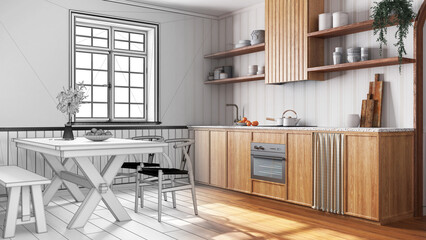 Architect interior designer concept: hand-drawn draft unfinished project that becomes real, farmhouse bleached wooden kitchen and dining room. Wabi sabi style
