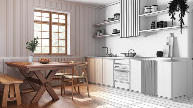 Architect interior designer concept: hand-drawn draft unfinished project that becomes real, farmhouse bleached wooden kitchen and dining room. Wabi sabi style