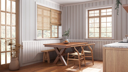 Farmhouse wooden dining room in white and beige tones. Cabinets and table with chair and bench. Wallpaper and parquet floor. Rustic interior design