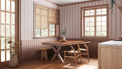 Farmhouse wooden dining room in white and orange tones. Cabinets and table with chair and bench. Wallpaper and parquet floor. Rustic interior design