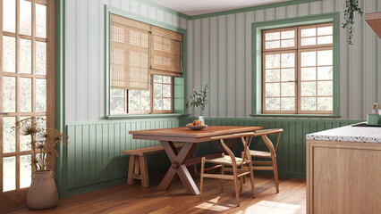 Farmhouse wooden dining room in white and green tones. Cabinets and table with chair and bench. Wallpaper and parquet floor. Rustic interior design