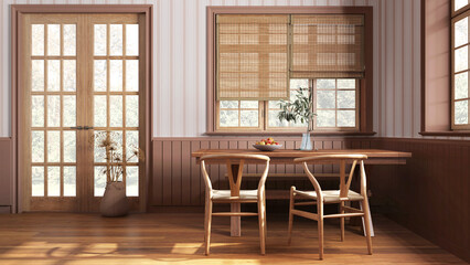Farmhouse hallway with dining room in white and orange tones. Wooden table with bench and chairs. Vintage interior design