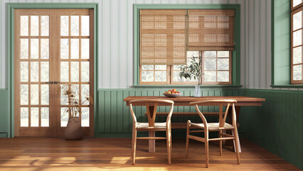Farmhouse hallway with dining room in white and green tones. Wooden table with bench and chairs. Vintage interior design