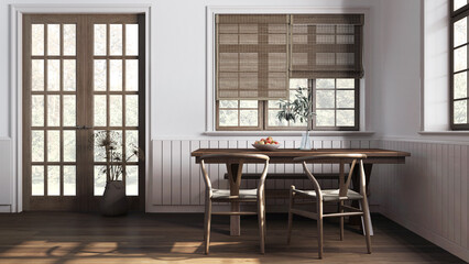 Farmhouse hallway with dining room in white and beige tones. Dark wooden table with bench and chairs. Vintage interior design