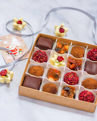 Assorted candies in a box. Christmas atmosphere
