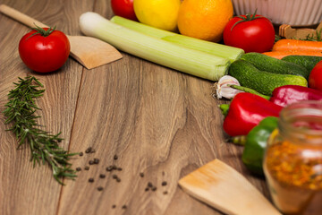 Healthy and fresh salad in bowl with vegetables and fruit