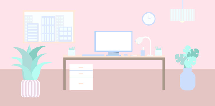 workspace illustration, home studio, office: desk, computer, plants, clock, window, city view, lamp, creative workplace environment,  horizontal banner, vector composition