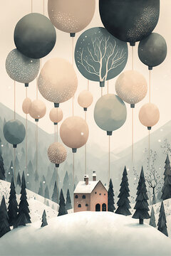 Giant Baubles A Snowy Landscape, Muted Colors, Wonderful Mood, Christmas Cards, Xmas Greetings, Celebration, Invitation, Illustration, Digital