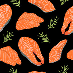 Seamless pattern with fresh salmon piece, steak with rosemary isolated on black background vector illustration