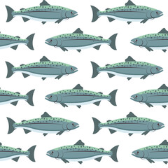 Seamless pattern witth salmon whole red fish, vector illustration isolated on white background. Blue element. Realistic seafood product, sushi ingredient, healthy nutrition.