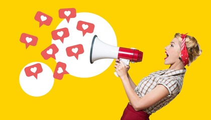 Hand with megaphone and likes icons, social media