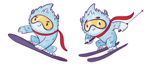 Yeti skiing. Yeti snowboarding. Freehand drawing