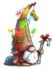 Cartoon cute funny bearded little Christmas gnome with New Year's garlands and candy. On white background. New Year and Christmas icon.