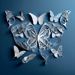 3D Layered Paper Cut Illustration of Intricate butterflies grouped together in a knolling pattern