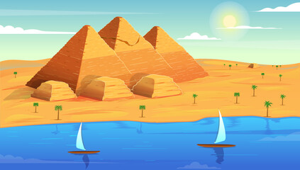 The pyramids of Egypt. Egyptian pyramids in the evening on the river vector