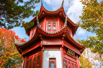 MONTREAL, CANADA - June 2022: Chinese temple in the Chinese Garden section in Montreal Botanical Garden, Quebec, Canada