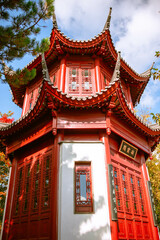 MONTREAL, CANADA - June 2022: Chinese temple in the Chinese Garden section in Montreal Botanical Garden, Quebec, Canada