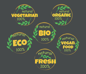 Vector graphics eco bio organic and natural products sticker label badge and logo pattern of green leaves and yellow letters on a dark background