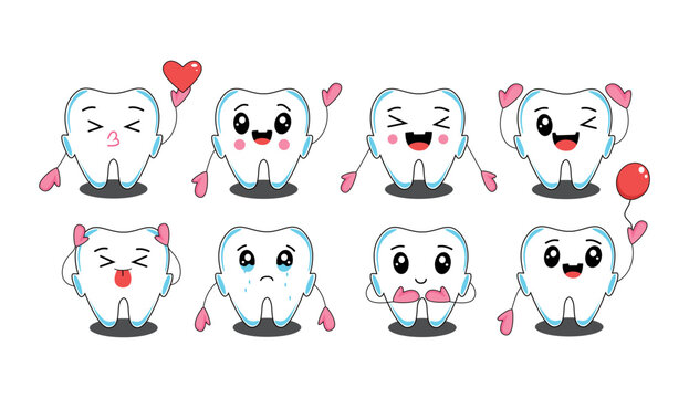 White tooth illustration icon vector graphics kawaii emotions sad cheerful happy teeth set