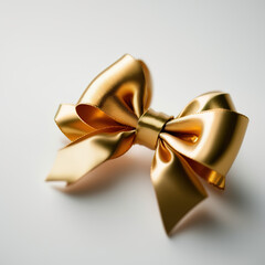 Gold ribbon bow on a white plain background, golden bow,  generative AI