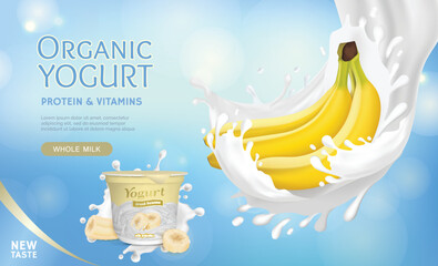 Realistic Detailed 3d Greek Banana Organic Yogurt Protein and Vitamins Ads Banner Concept Poster Card. Vector illustration of Yoghurt