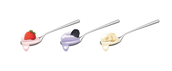 Realistic Detailed 3d Spoon with Yogurt and Fruit or Berries Set. Vector illustration of Strawberry, Banana and Blackberry