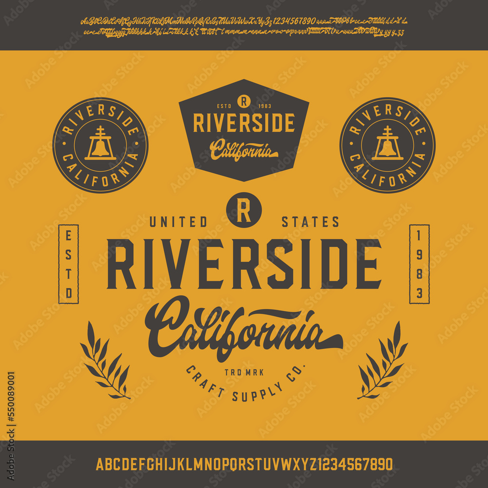 Fototapete riverside. california. octagonal and script font with many alternate characters. vector