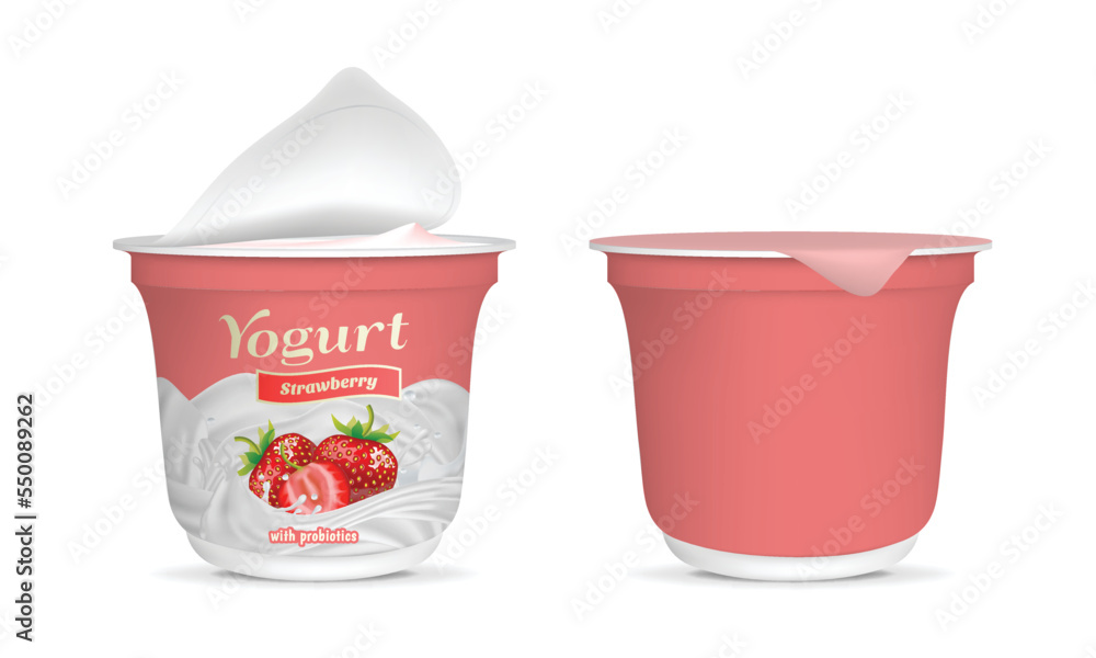 Aufkleber realistic detailed 3d open strawberry yogurt packaging container and empty template mockup set. vect