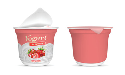 Realistic Detailed 3d Open Strawberry Yogurt Packaging Container and Empty Template Mockup Set. Vector illustration of Yoghurt