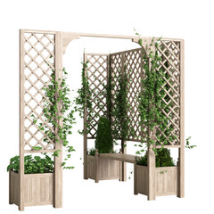 3d illustration of bench planter with trellis light wooden isolated on black background